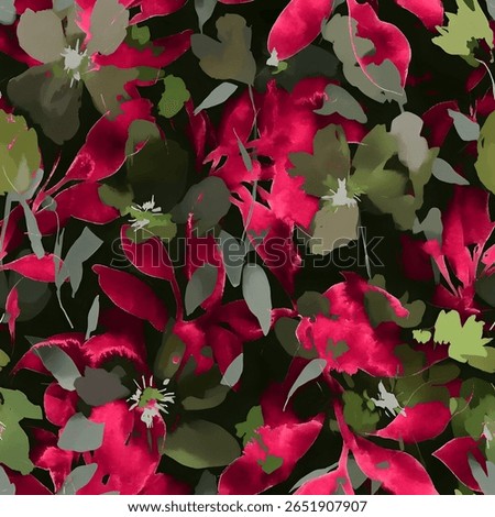 A vibrant, abstract floral pattern featuring deep red blossoms and muted green leaves. The watercolor-style painting creates a soft, organic texture, perfect for decorative backgrounds.