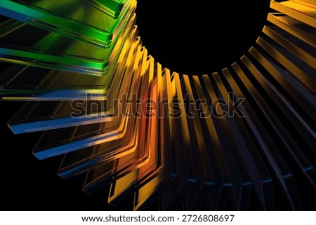Vibrant abstract geometric composition with glassy arc shapes in dynamic colors. 3d render.