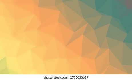 A vibrant abstract low-poly background featuring a smooth color gradient from warm yellows and oranges to cool teal and green tones, creating a dynamic geometric pattern.