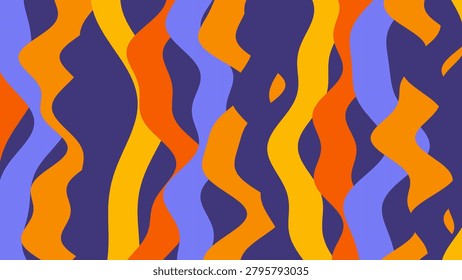 A vibrant abstract pattern featuring orange, purple, and blue wavy ribbons interlacing across the canvas.