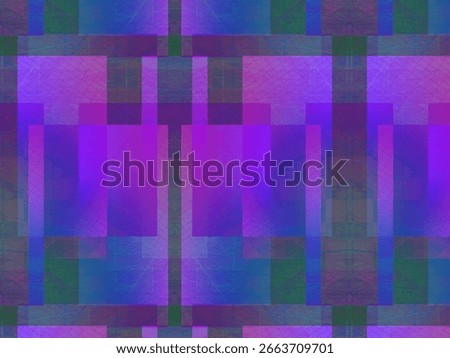 A vibrant abstract plaid pattern featuring a mix of purple, blue, and green tones with a modern digital texture. The overlapping translucent shapes create depth and visual interest