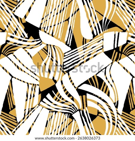 Vibrant abstract seamless pattern featuring dynamic curving and straight lines, bold shapes, and distressed textures in muted tones.