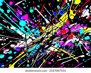 Vibrant abstract splatter painting with bold colors and intersecting lines on a black background - Powered by Shutterstock