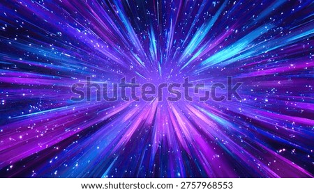 A vibrant abstract visualization of a cosmic explosion with radiant streaks of purple and blue light emanating from a central point, dotted with tiny sparkling particles.
