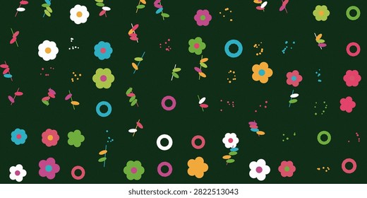 A vibrant and artistic vector pattern featuring colorful floral and botanical elements scattered across a dark green background. This sophisticated design is ideal for nature-inspired branding textiles and elegant digital backgrounds.
