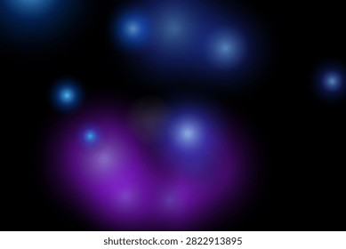 Vibrant blue and purple orbs float against a dark backdrop emitting soft light