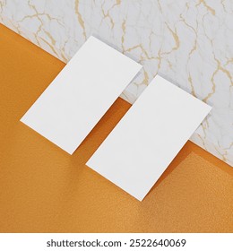 Vibrant business card mockup on a marbled surface with an orange background, ideal for stylish and creative branding presentations. - Powered by Shutterstock