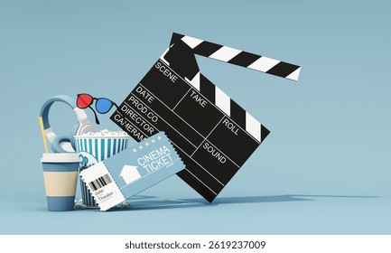 Vibrant cinematic setup featuring a clapperboard, popcorn, coffee, cinema ticket, headphones, and 3D glasses, highlighting the excitement of movie nights. 3d rendering. - Powered by Shutterstock - Get 15% off with code: PIKWIZARD15