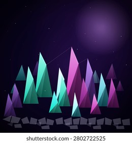 A vibrant cluster of geometric triangular peaks in shades of teal, purple, and magenta rises against a deep violet night sky illuminated by a soft glowing orb and scattered stars.