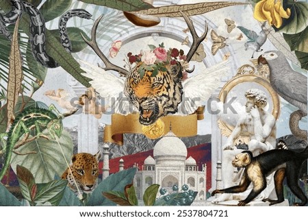 A vibrant collage background featuring a tiger, jungle animals, and classical statues. The tiger, jungle, and statues create a surreal, artistic jungle scene.