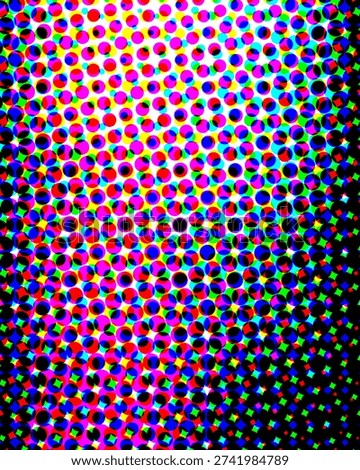 A vibrant and colorful halftone pattern composed of multicolored dots in various sizes and...