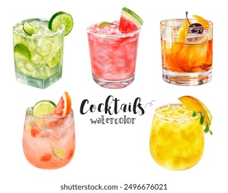 A Vibrant and Colorful Watercolor Cocktails Collection Featuring Various Amazing Drinks - Powered by Shutterstock