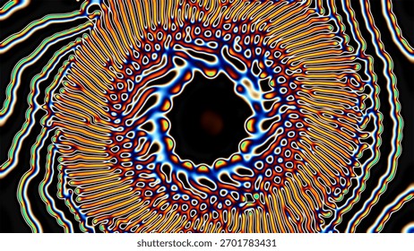 A vibrant concentric pattern radiating from a central black void, with wavy, orange and yellow lines bordered in blue, evoking energy, movement, and an organic, eye-like visual effect.