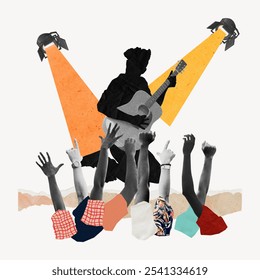 A vibrant creative collage with a male musician playing guitar, with diverse audience hands raised in excitement. The scene captures the energy of live music,  - Powered by Shutterstock