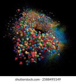 A vibrant display of cubes, spheres, and pyramids bursts against a black backdrop, radiating dynamic colors that evoke motion and energy in an exhilarating dance. 3D Render. 3D Illustration