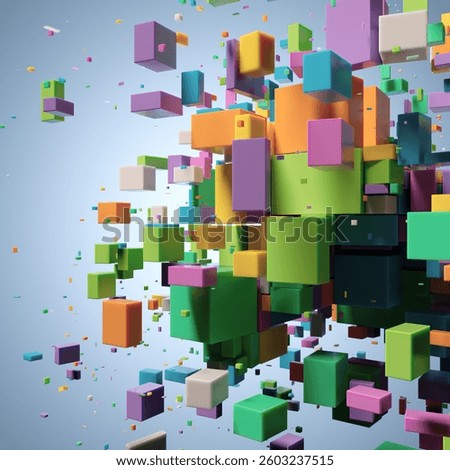 A vibrant display of multicolored 3D cubes bursts against a light blue background, their chaotic yet organized arrangement showcases vivid shades of green, purple, orange, blue, and. 3D Illustration