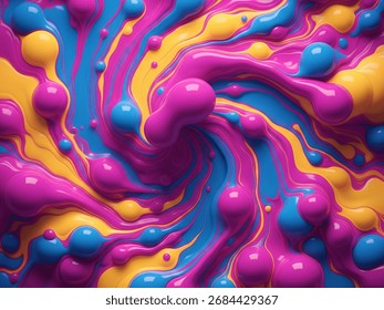 ​A vibrant and dynamic 3D abstract art background with a swirling pattern of liquid blobs and lines. The image is rendered with a glossy, hyper-realistic finish, creating a captivating sense of depth 