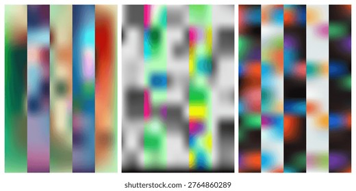 A vibrant and dynamic abstract image featuring multiple vertical stripes in a range of colors, including green, blue, pink, orange, and black, with varying levels of blur and texture, creating a visua.