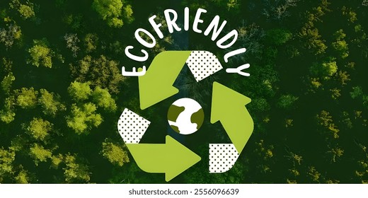 A vibrant eco-friendly design featuring a recycling symbol with arrows and a globe at the center, set against a lush green forest background. Ideal for sustainability and environmental themes. - Powered by Shutterstock