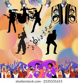 A vibrant and energetic music festival. Silhouettes of musicians playing guitar, drums, microphone. Overall vibe is colourful and musical. Crowd is cheering and enjoying the performance. - Powered by Shutterstock