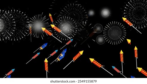 Vibrant fireworks exploding against midnight sky, festive celebration with colorful rockets on a black background. - Powered by Shutterstock