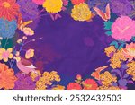 Vibrant floral border with colorful flowers, butterflies, and birds on a purple background. Bright flowers and butterflies are in colorful scene. Vibrant flowers border on purple background.