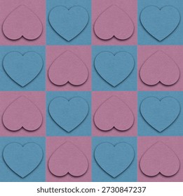 Vibrant full checkerboard pattern artwork with alternating rows of blue and purple heart shapes and solid squares in gradient colors, evoking a harmonious mix of chessboard strategy and valentine romance on a clean white canvas.