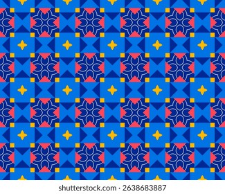 A vibrant geometric pattern featuring blue, yellow, and red shapes arranged in a symmetrical design.