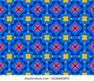 A vibrant geometric pattern featuring blue, yellow, and red shapes arranged in a symmetrical design.