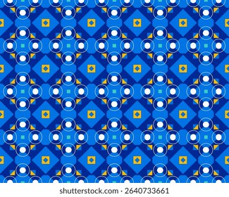 A vibrant geometric pattern featuring blue, yellow, and red shapes arranged in a symmetrical design.