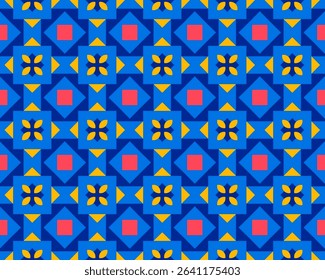 A vibrant geometric pattern featuring blue, yellow, and red shapes arranged in a symmetrical design.