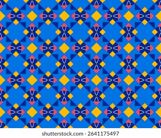 A vibrant geometric pattern featuring blue and yellow shapes arranged in a symmetrical design. The pattern includes squares, triangles, and floral motifs
