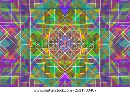 Vibrant geometric pattern featuring a kaleidoscope of colors. The design consists of intersecting lines and shapes such as squares, triangles, and rectangles, forming symmetric and repetitive pattern