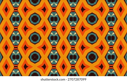a vibrant geometric pattern featuring orange and teal shapes in a seamless kaleidoscope design.