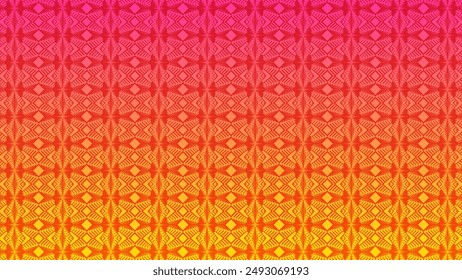A vibrant geometric pattern with a gradient background transitioning from pink at the top to yellow at the bottom, featuring symmetrical, intricate shapes.