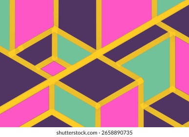 Vibrant geometric pattern with intertwining lines forming colorful cubes, perfect for abstract, modern, or digital backgrounds.
