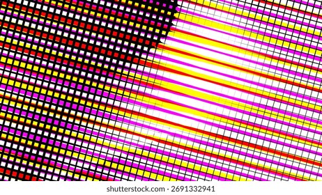 Vibrant glitch art grid pattern background with bright CMYK colors, offset lines, and a dramatic diagonal split perfect for digital music or streaming content