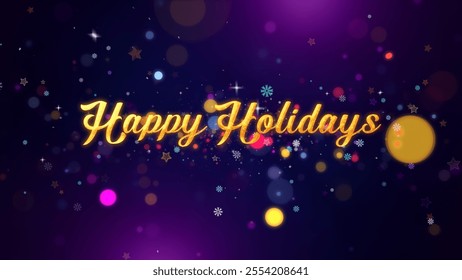 Vibrant Happy Holidays message with colorful festive particles, including stars and snowflakes, on a dark purple background, symbolizing celebration and festivity. - Powered by Shutterstock