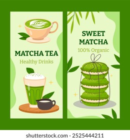 A vibrant illustration featuring matcha tea and sweet matcha desserts. On the left, a cup of matcha tea with a leaf design on top and a glass of matcha drink with a frothy layer. - Powered by Shutterstock