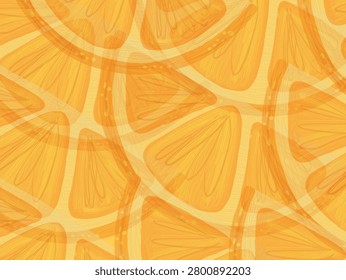 Vibrant illustration featuring overlapping orange slices arranged in a seamless pattern. The slices display detailed segment textures, rich in shades of orange and yellow, giving a fresh and zesty appearance. The design is abstract, with slices varying in size and angle, and features subtle highlights and shading to add depth. Perfect for backgrounds or textile design, capturing the essence of citrus fruits.
