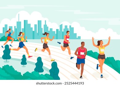 A vibrant illustration of a group of diverse runners on a track, set against a city skyline.  - Powered by Shutterstock