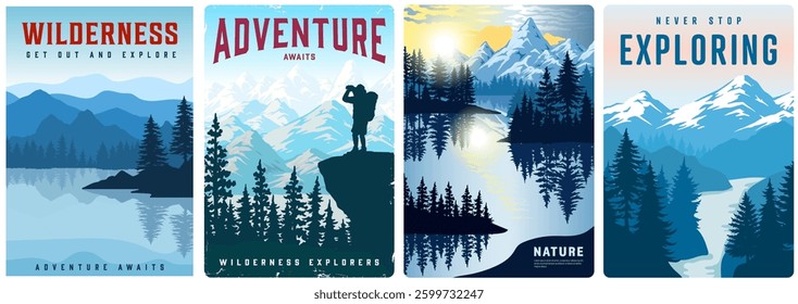 Vibrant illustrations showcase the essence of wilderness exploration. Mountain landscapes tranquil lakes and adventurous figures inspire a connection with nature and outdoor activities. - Powered by Shutterstock - Get 15% off with code: PIKWIZARD15
