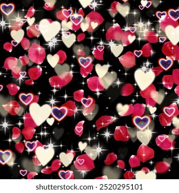 Vibrant image of red rose petals and glowing hearts floating against a black background. Sparkling stars add a touch of magic, creating a romantic and dreamy scene perfect for Valentine's Day themes. - Powered by Shutterstock