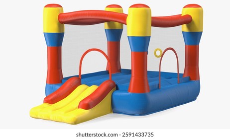 A vibrant inflatable castle featuring a slide and integrated hoops, perfect for children's playtime and outdoor activities.