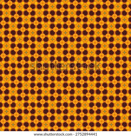 A vibrant and intricate geometric pattern featuring a repeating design of interconnected shapes in shades of orange, brown, and teal.