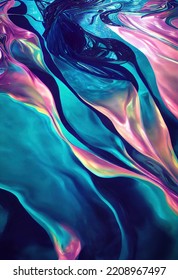 Vibrant Iridescent Liquid Flows, Surface Tension. 3D Rendering Abstract Art Background 3D Illustration