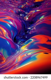 Vibrant Iridescent Liquid Flows, Surface Tension. 3D Rendering Abstract Art Background 3D Illustration