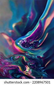 Vibrant Iridescent Liquid Flows, Surface Tension. 3D Rendering Abstract Art Background 3D Illustration