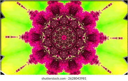 A vibrant kaleidoscope pattern featuring a central pink and magenta flower-like design radiating against a bright green background with a geometric explosion of color and detail.