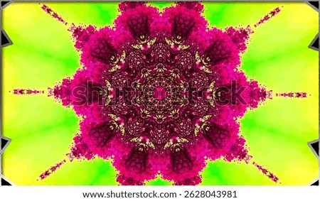 A vibrant kaleidoscope pattern featuring a central pink and magenta flower-like design radiating against a bright green background with a geometric explosion of color and detail.